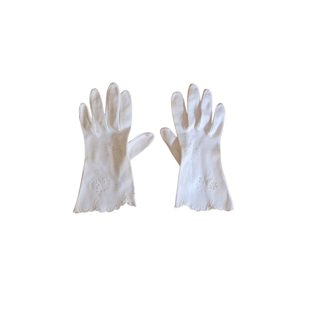 Vintage White Gloves Womens Suede Floral Embroidery